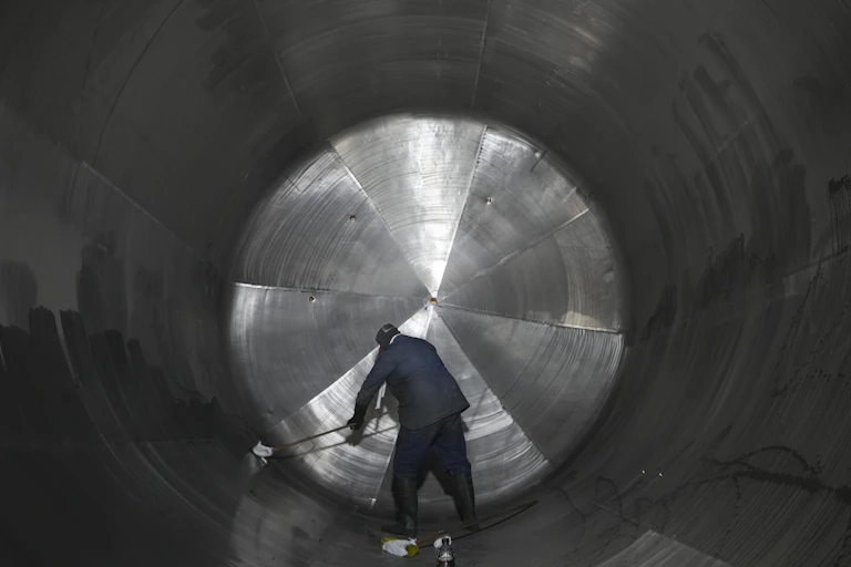 A man cleans the inside of a massive cylindrical steel tank