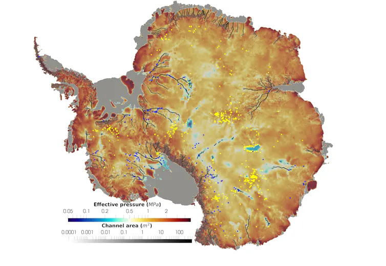 Map of Antarctica subglacial water pressure highlighting vulnerable regions as well as subglacial lakes and water channels.