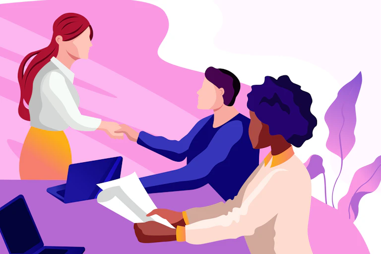 Colourful illustration of three office workers of different races and genders