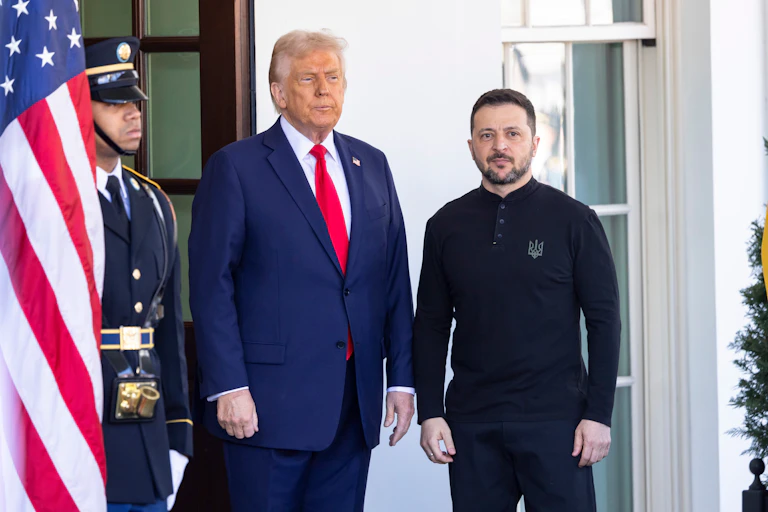 Presidents Trump and Zelensky standing outside the White House
