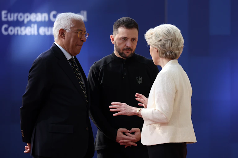 Antonio Costa, Volodymyr Zelensky and European Commission president Ursula von der Leyen.