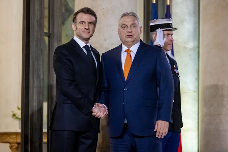 Emmanuel Macron shaking hands with Viktor Orbán