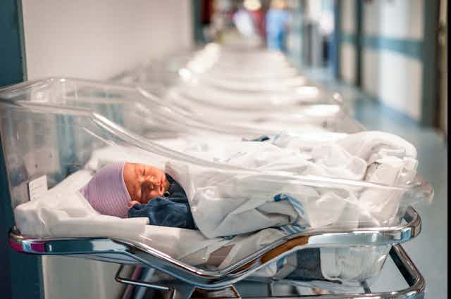 A newborn baby wearing a pink hat lays in a clear plastic bassinet in a hospital. A row of similar, empty bassinets are arranged alongside it.