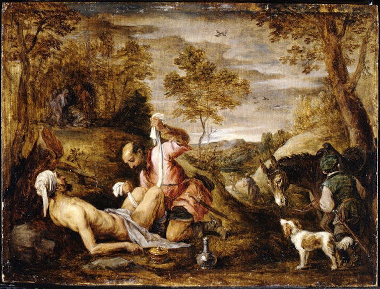 A painting depicts a sick man lying on the ground in a forest while another person tends to him.