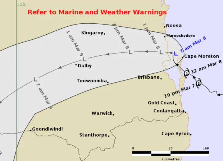 A cyclone tracking map showing potentially affected area of the coast and inland areas