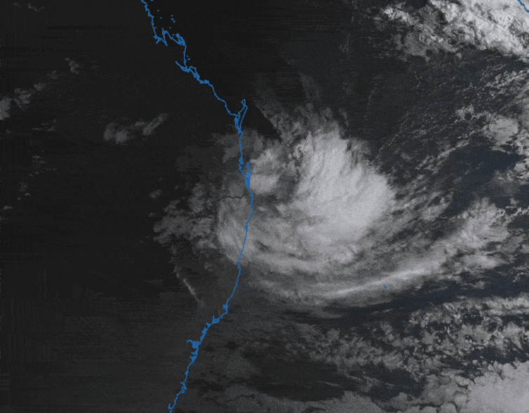 Satellite gif of ex-tropical cyclone Alfred hitting Queensland