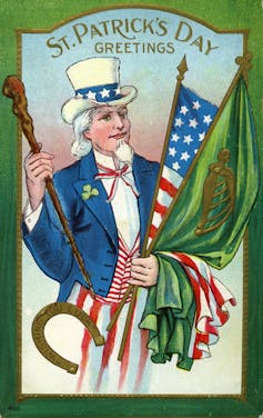 Drawing of Uncle Sam holding a green Irish flag and an American flag.