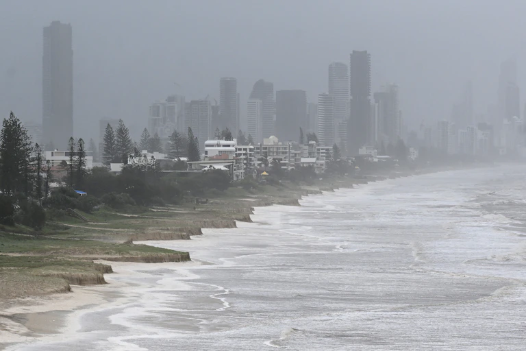 rainy weather on coastline with buildings