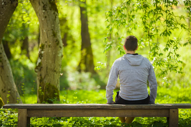 With his back to the camera, a young man sits on a wooden bench looking at trees and greenery.