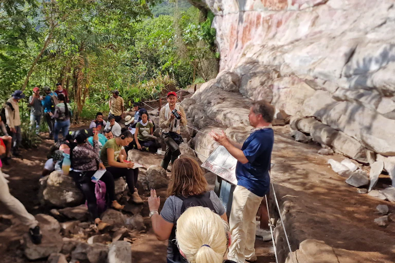 groups of people listening to teacher by wall covered in rock art