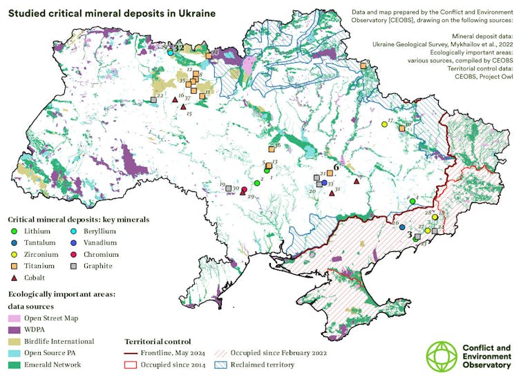 CEOBS map of where Ukraine's minerals are and how much is in areas occupied by Russia.