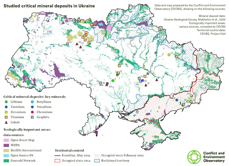 CEOBS map of where Ukraine's minerals are and how much is in areas occupied by Russia.