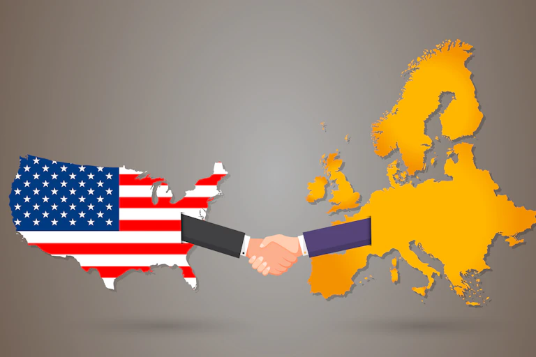 An illustration featuring a map of the U.S. and Europe, with each represented as extending a hand to clasp in unity.