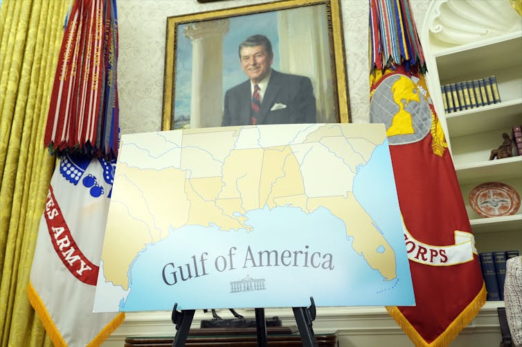 A map featuring the words 'Gulf of America' in the Oval Office