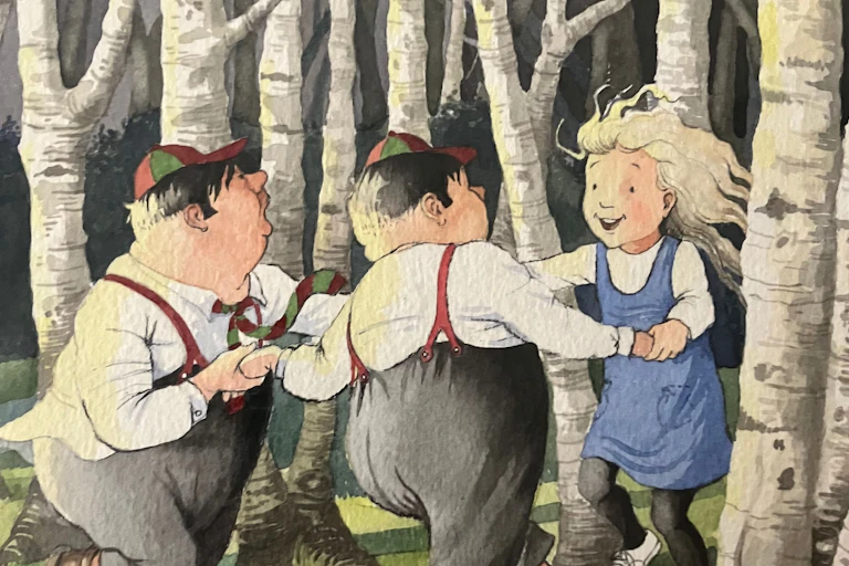 Illustration of Alice dancing with Tweedle Dee and Tweedle Dum in a forest