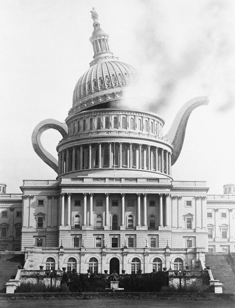 A black-and-white drawing shows the bottom top of the U.S. Capitol dome replaced with a teapot that is blowing steam.