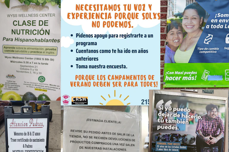 A variety of Spanish-language signs seen around Philadelphia inform readers about topics like nutrition classes, how to quit smoking and parking advice.
