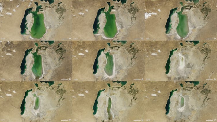 A series of images shows the Aral Sea every few years from 2000 to 2013.