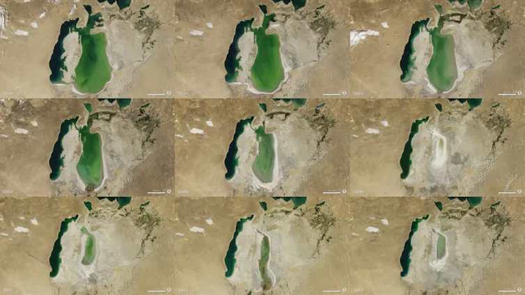 Uma série de imagens mostra o Mar de Aral a cada poucos anos, de 2000 a 2013.