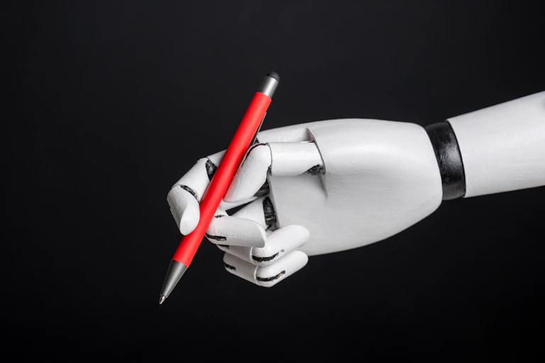 gray right robot hand holding a red pen