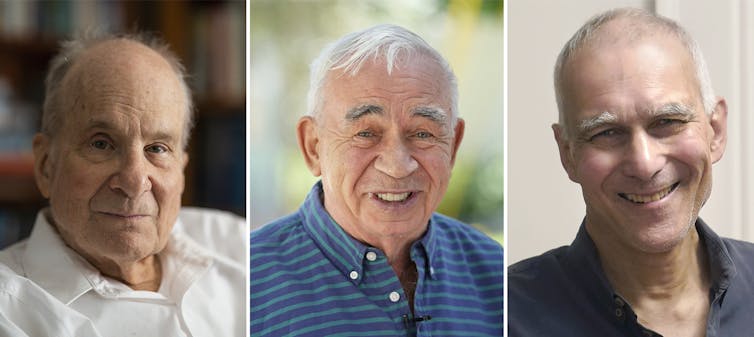 Scientists Louis Brus, Alexei Ekimov and Moungi Bawendi appear in a triptych photo.