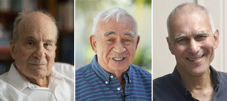 Scientists Louis Brus, Alexei Ekimov and Moungi Bawendi appear in a triptych photo.