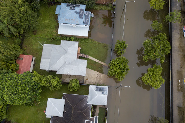 Flooding is seen from a drone in Newmarket, in Brisbane