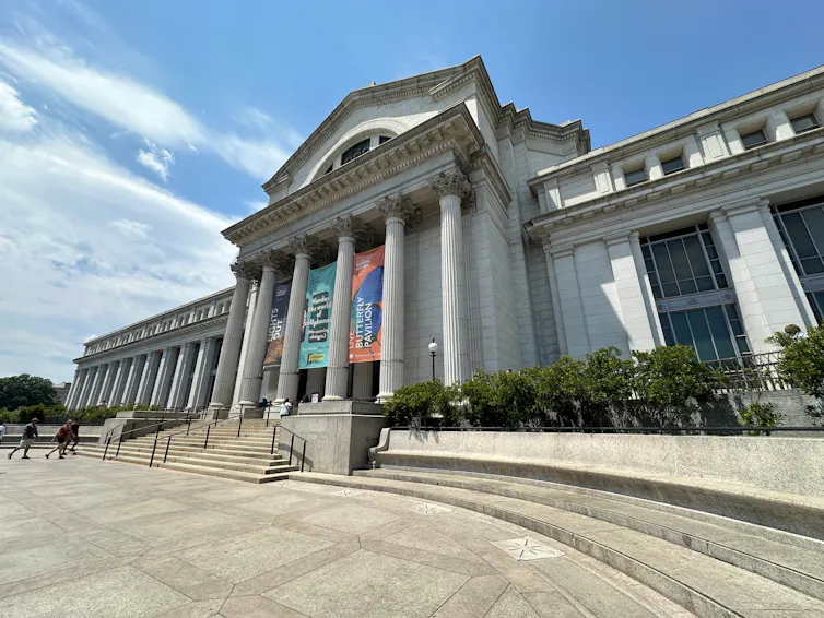 The exterior of The Smithsonian, with grand colonnades.