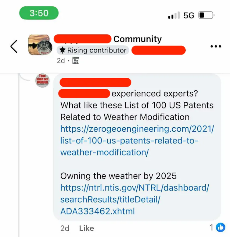 Screenshot of a Facebook comment reading 'What like these List of 100 US Patents Related to Weather Modification' and 'Owning the weather by 2025' with links to websites.