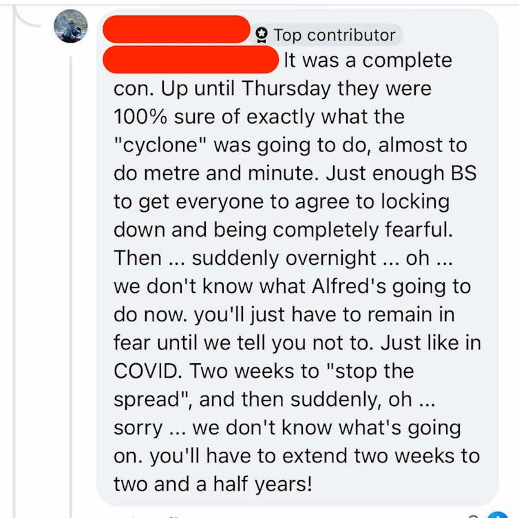Screenshot of a Facebook post claiming Cyclone Alfred was 'a complete con' to make people 'remain in fear', 'just like in COVID'.