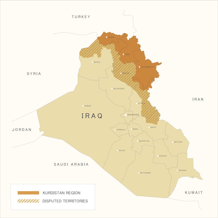 A map of the approximate Kurdish-populated region of Iraq.