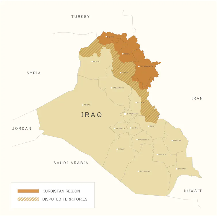 A map of the approximate Kurdish-populated region of Iraq.
