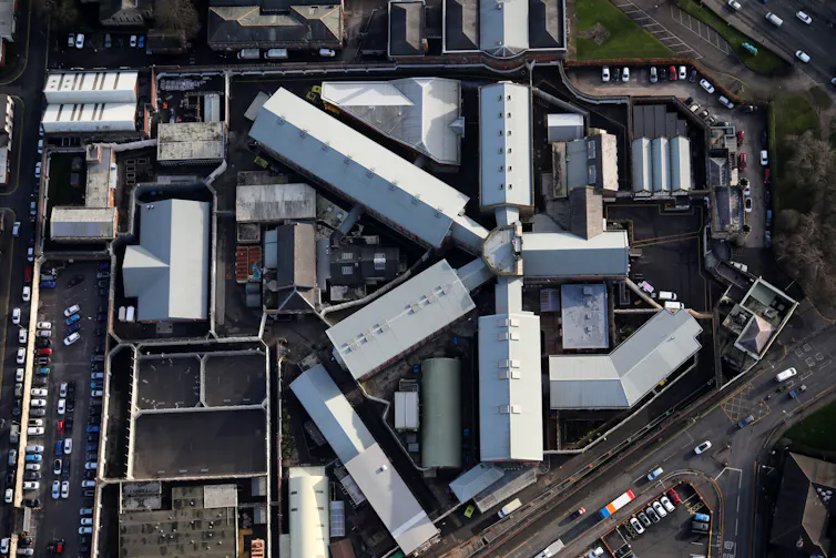 Aerial view of a prison in the UK from directly overhead