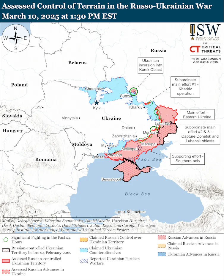 ISW map showing the state of the conflict in Ukraine, March 10 2025.
