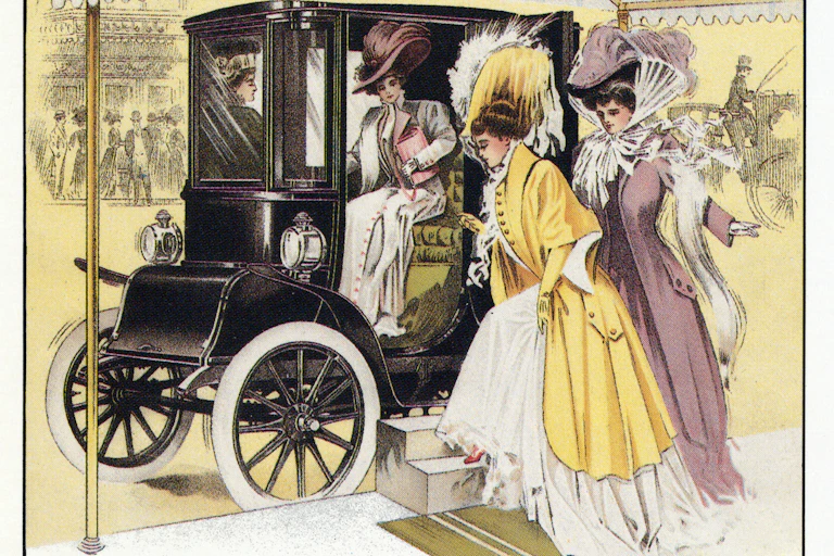Women in 1909 climb into car