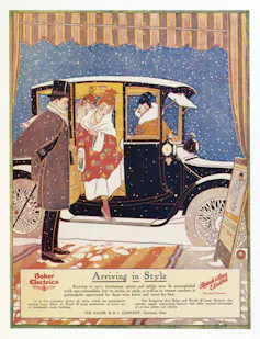 Stylish women climb out of car