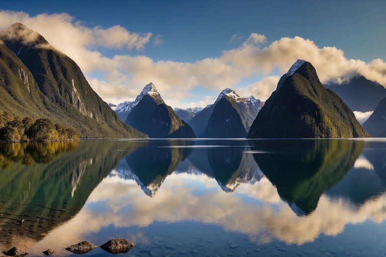 Milford Sound, viewed from the shore and looking out to Mitre Peak.