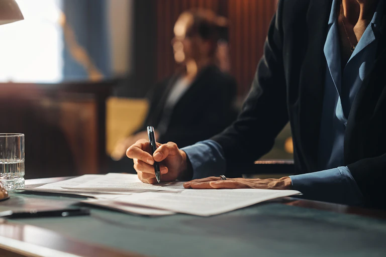 A woman in a suit sits at a courtroom desk and writes