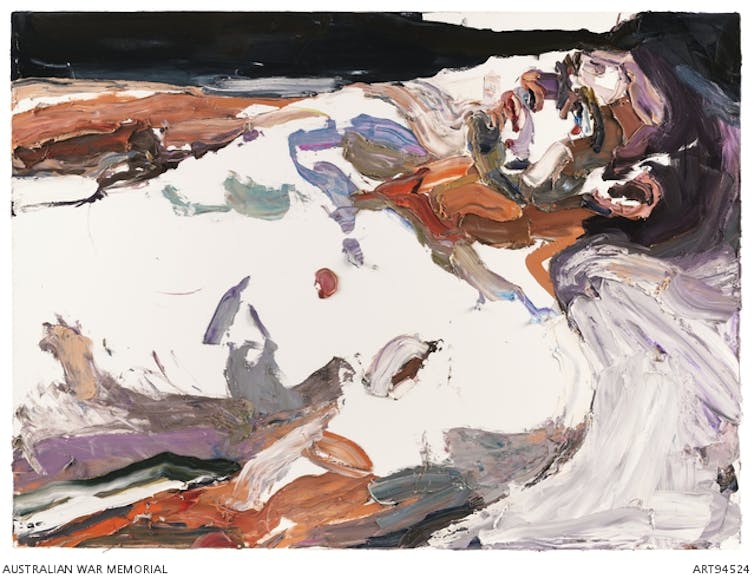 A painting of a man in a bed.
