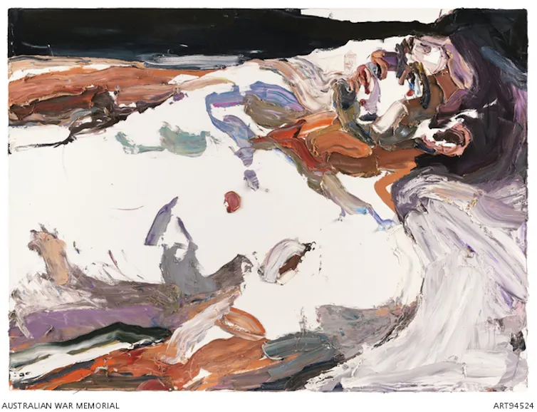 A painting of a man in a bed.