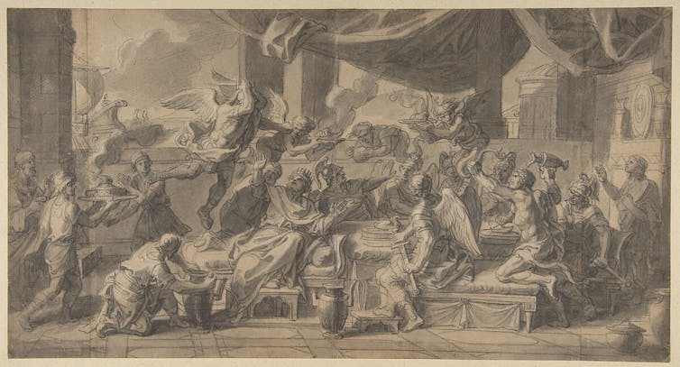 This picture depicts the harpies being driven from the table of King Phineus, a story told in the Argonautica by Apollonius of Rhodes, in which Jason and the Argonauts search for the golden fleece.