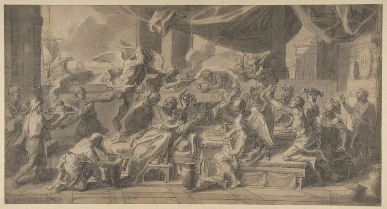 This picture depicts the harpies being driven from the table of King Phineus, a story told in the Argonautica by Apollonius of Rhodes, in which Jason and the Argonauts search for the golden fleece.