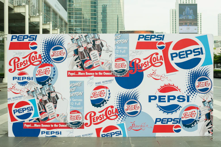 Diferentes versiones del logo de Pepsi en una calle.