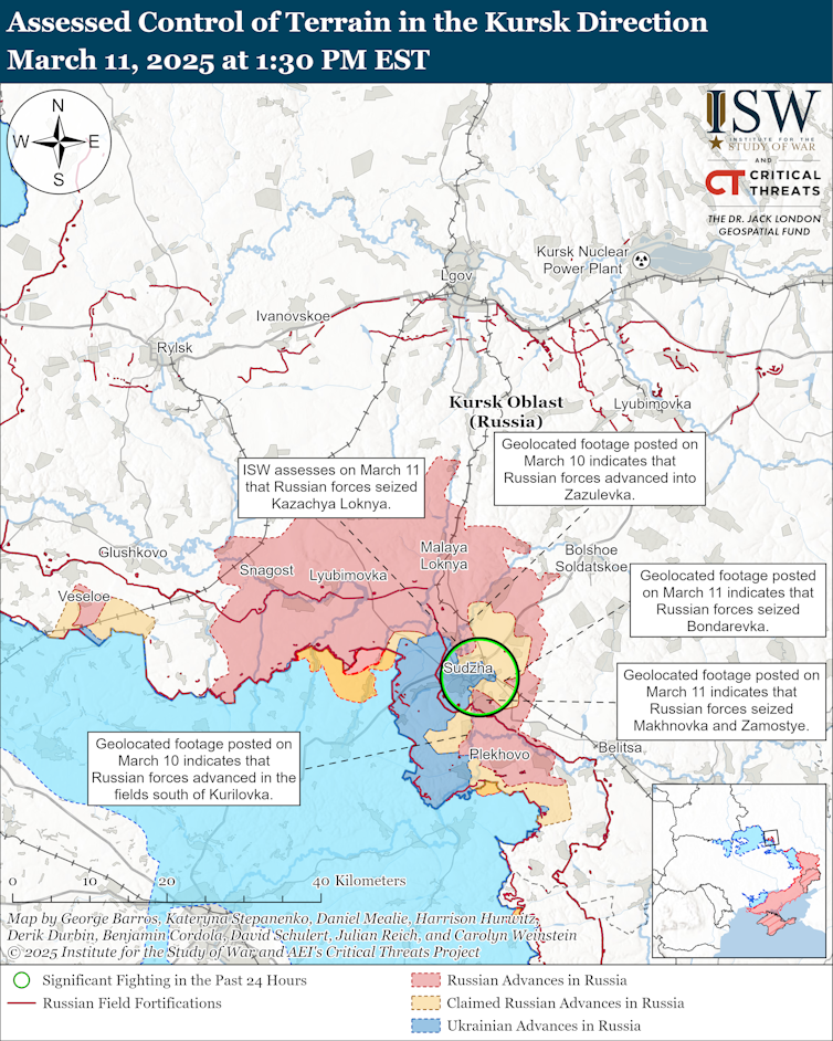 ISW map of the situaiton in the Kursk region of Russia, March 12.