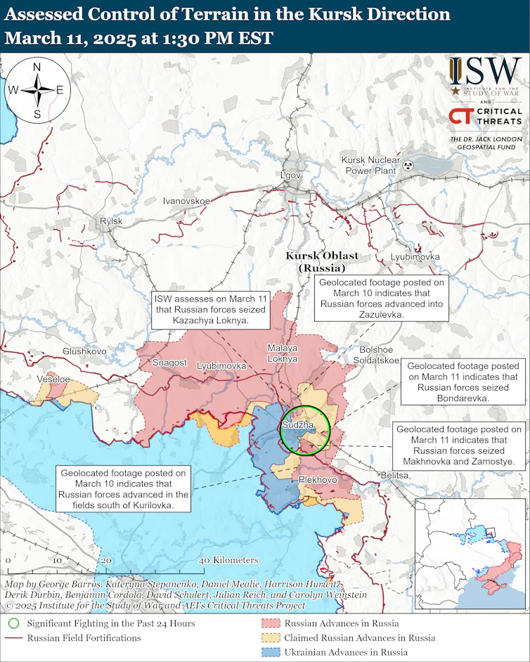 ISW map of the situaiton in the Kursk region of Russia, March 12.