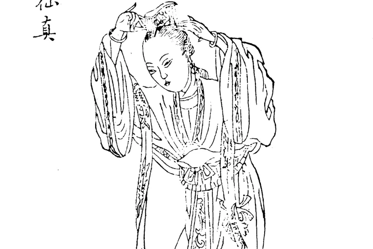 A finely detailed pencil sketch of a woman in flowing robes, braiding her hair.