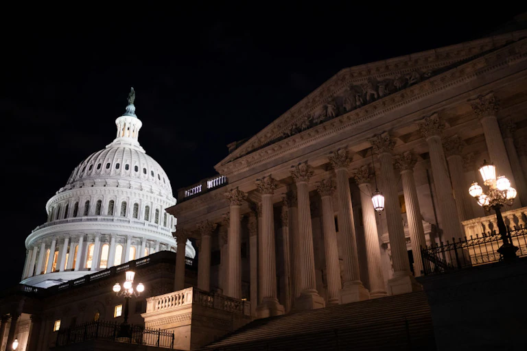 A white dome and pillared building is seen illuminated at night.