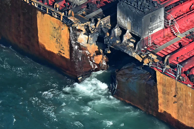la coque endommagée d'un bateau après une collision