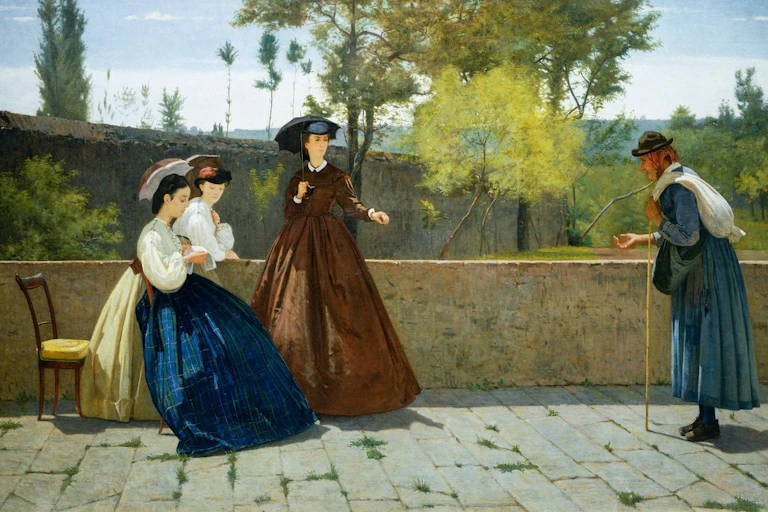 Tres mujeres con sombrilla extienden la mano para darle algo a un mendigo que pide.