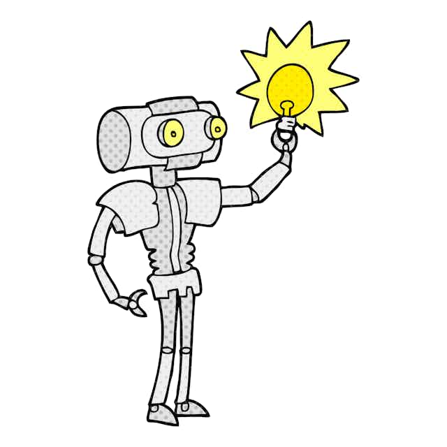 cartoon of a robot holding a lit lightbulb
